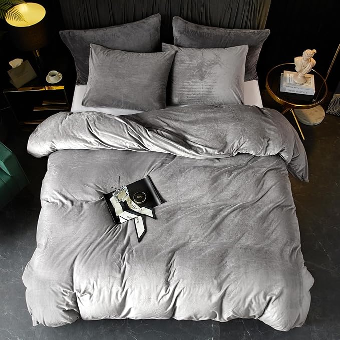 Ivellow Velvet Flannel Duvet Cover King Size Smoky Gray Duvet Cover King Velvet Comforter Cover Set Ultra Soft Breathable Cozy Velour Duvet Cover Solid Luxury Bedding Set Zipper Closure Corner Ties