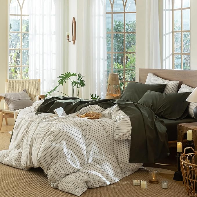 MooMee Bedding Sheet Set 100% Washed Cotton Linen Like Textured Breathable Durable Soft Comfy (Solid Olive Green, California King)
