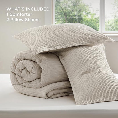 Bedsure Waffle Comforter Set Queen, Linen Soft Bedding, Waffle Weave Bed Set, 3 Pieces, 1 Comforter (90"x90") and 2 Pillow Shams, Cotton Shell and Polyester Lining for All Seasons