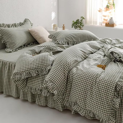 mixinni Green Gingham Ruffle Duvet Cover Twin XL Size 3 Pieces – 100% Washed Cotton, Vintage Plaid Ruffled Bedding Set with Zipper Ties, Soft Checkered Grid Farmhouse Chic Comforter Cover Set