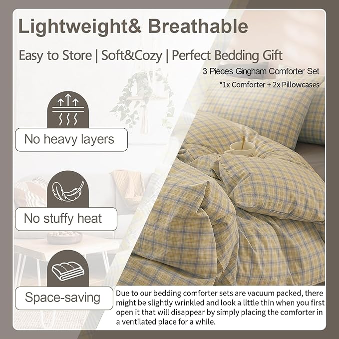 EAVD Blue Yellow Gingham Comforter Set King Soft Modern Grid Plaid Comforter Set 3 Pieces Reversible Grid Checkered Pattern Bedding with 2 Pillowcases Farmhouse Gingham Bedding Set for All-Season