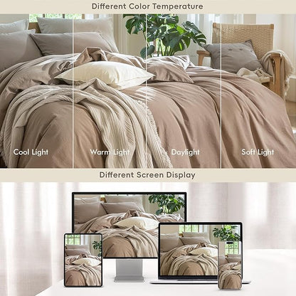 MooMee Bedding Duvet Cover Set 100% Washed Cotton Linen Like Textured Breathable Durable Soft Comfy (Solid Brown, Super King Plus 120"x120")
