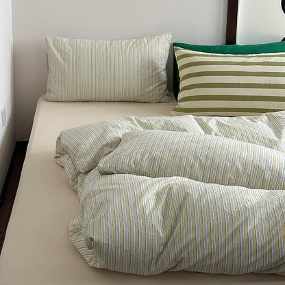 MKXI French Stripe Duvet Cover Set Twin XL - 3 Piece Vintage Aesthetic Bedding, 100% Washed Cotton, Yellow & White Vertical Stripes, Zipper Closure & Corner Ties, Modern Farmhouse Style