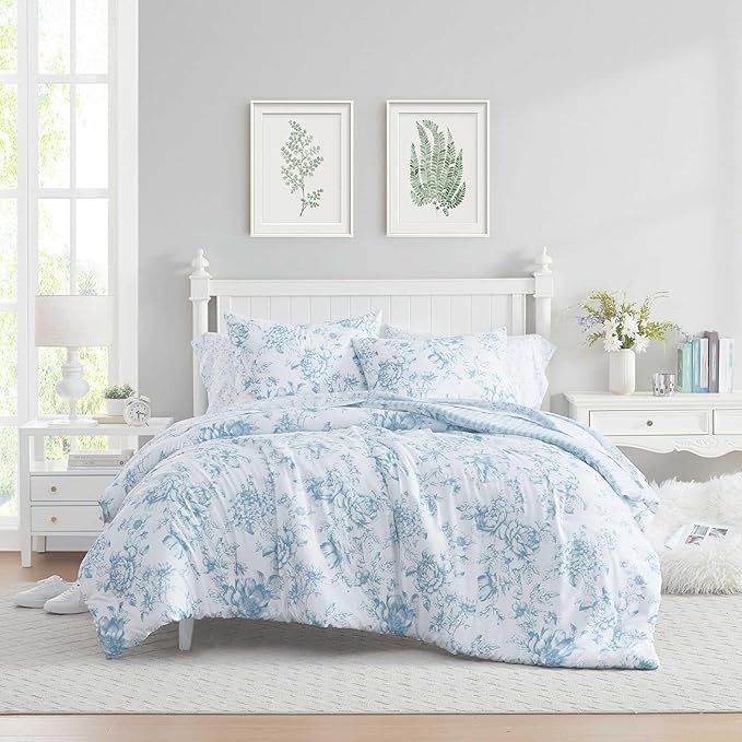 Laura Ashley - Twin Comforter Set, Soft & Reversible Floral Bedding with Bonus Bed Sheets & Pillowcases, 5 Piece Bed Set for Year Round Comfort (Delphine Saras/Sprig Blue)