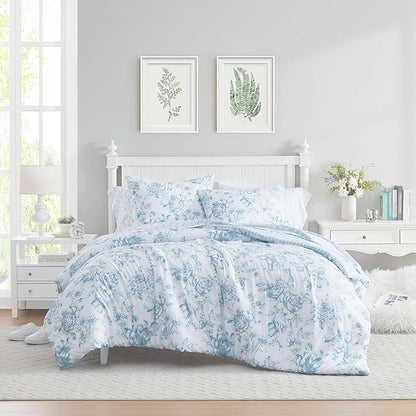 Laura Ashley - King Comforter Set, Soft & Reversible Floral Bedding with Bonus Bed Sheets & Pillowcases, 7 Piece Bed Set for Year Round Comfort (Delphine Saras/Sprig Blue)