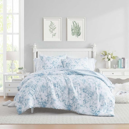 Laura Ashley - Queen Comforter Set, Soft & Reversible Floral Bedding with Bonus Bed Sheets & Pillowcases, 7 Piece Bed Set for Year Round Comfort (Delphine Saras/Sprig Blue)