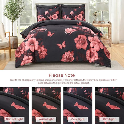 Floral Comforter Set Queen Size, 7 Piece Black Bed in a Bag, Elegant Flower Pattern Comforter Set with Sheet, Soft Microfiber Complete Bedding Sets for All Season