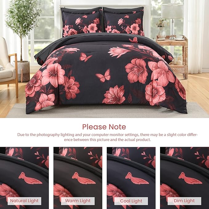 Floral King Size Comforter Set, 7 Piece Black Bed in a Bag, Elegant Flower Pattern Comforter Set with Sheet, Soft Microfiber Complete Bedding Sets for All Season