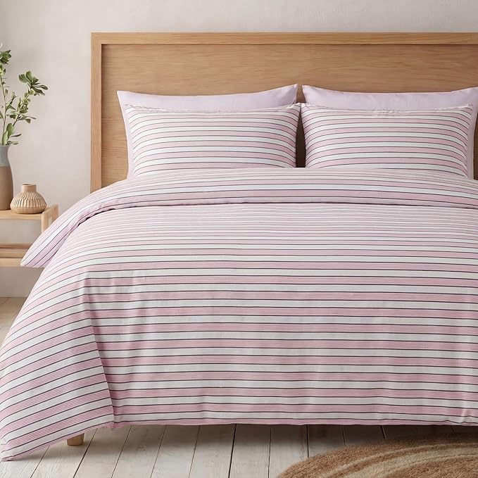 Bedbay Cotton Striped Duvet Cover Set King Size, Soft Blush Pink Stripe Bedding Set, 100% Cotton Sateen, Minimal Casual Hotel Style Duvet Cover 3 Piece for All Seasons