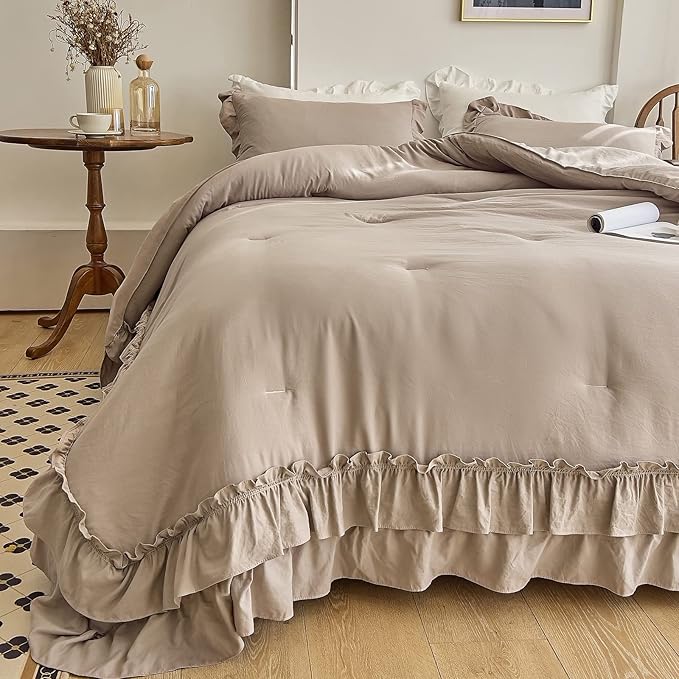 AIKASY Taupe Comforters King Size Set, Vintage Boho Chic Farmhouse Bedding Sets Shabby Ruffle Queen Bed Comforter Bedding 3PCS（1 Comforter and 2 Pillowcases）
