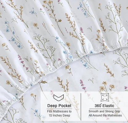 RUVANTI 100% Organic Cotton Sheets King Size, Percale Weave, GOTS Certified, 4-Piece Set, Deep Pocket 15", Crisp & Breathable, Soft Durable Bedding, Sábanas Algodón Orgánico – Field Flower