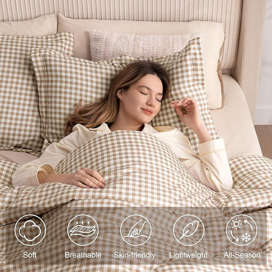 Queen Comforter Set, Modern Plaid Checkered Bedding, Tan Gingham Brown Grid Bed Comforter, Soft Fluffy Breathable Farmhouse Dorm Bedding, All Seasons 3 Piece Set | Gingham
