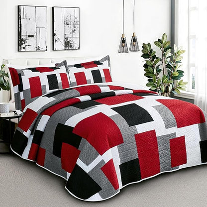 3 Piece Red Black Grey Quilt Set Full/Queen Size Christmas Red Geometric Reversible Bedding Set Microfiber Lightweight Bedspread Coverlet with 2 Shams Modern Bed Cover for All Season, 90''x96''