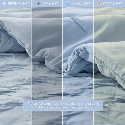 Comfort Spaces Comforter for Queen Size Bed, Ogee Ruched with Crinkle Texture, Breathable Comforter Set Queen, All Season Lightweight Bedding Set, Shams, Décor Pilow, Full/Queen Blue 4 Piece