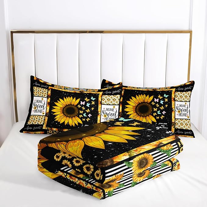 Sunflower Queen Bedding Set, Yellow Comforter for Girls and Teen Boys, Western Boho Quilt