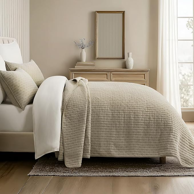 EVERGRACE Cross Stitch Pre-Washed Cotton Quilt Bedding Set Queen Size, Oversized 3 Pieces Lightweight Bedspread Coverlet for All Season, with 2 Matching Shams, Driftwood, 92"x96"
