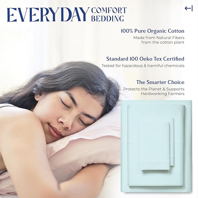 Mayfair Linen 100% Organic Cotton Sheets Twin XL Size - 3 PC Organic Cotton Percale Sheets Twin XL Set (Sea Foam), Soft, Crisp, Cooling Bedsheets, 16" Deep Pocket Hotel Bedding - GOTS Certified