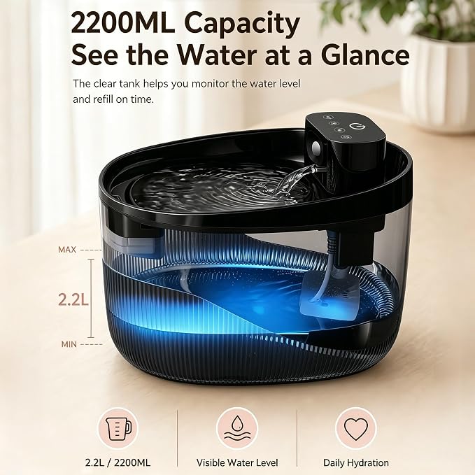 74oz/2.2L Cordless Cat Water Fountain, 5000mAh Battery Operated | 3 Smart Modes, with Motion Sensor, Ultra-Quiet, Pet Drinking Dispenser with LED Light, Wireless Fountain for Cats, Dogs