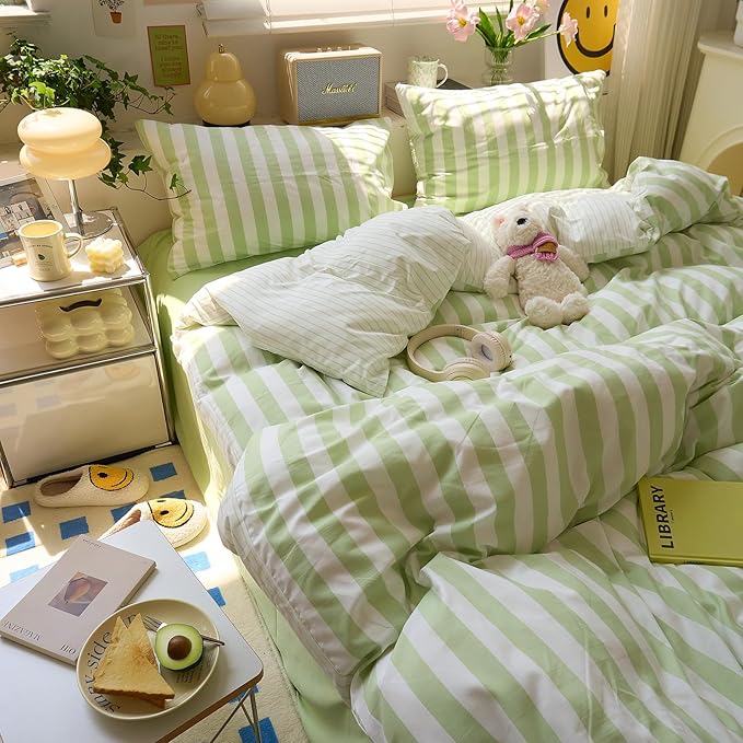 Green Striped Duvet Cover Queen Size Boho Cute Queen Comforter Cover Farmhouse Coquette Vintage Soft Duvet Cover Set with Pillowcases College Bedding for Boys Washed Microfiber Duvet Protector