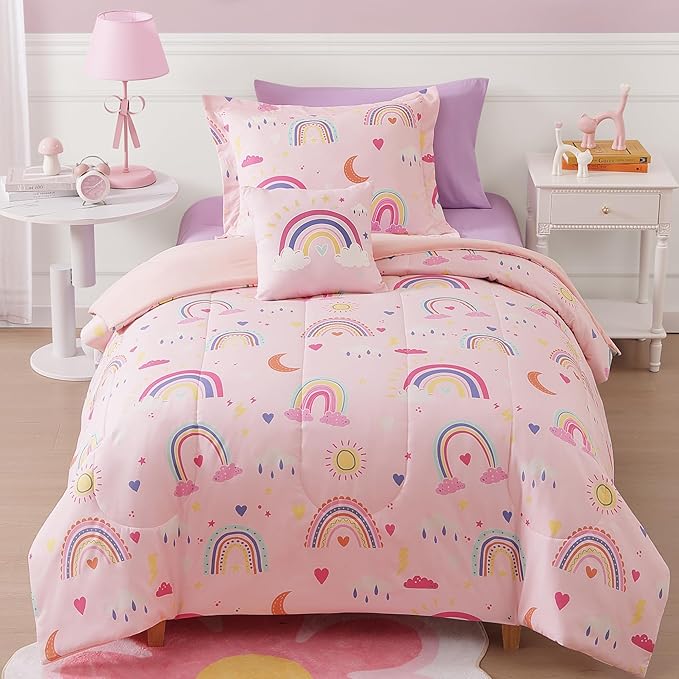 Twin Comforter Set for Girls-3 Pieces Pink Rainbow Glow in the Dark Twin Bedding Sets for Kids,1 Comforter,1 Sham and 1 Decor Pillow