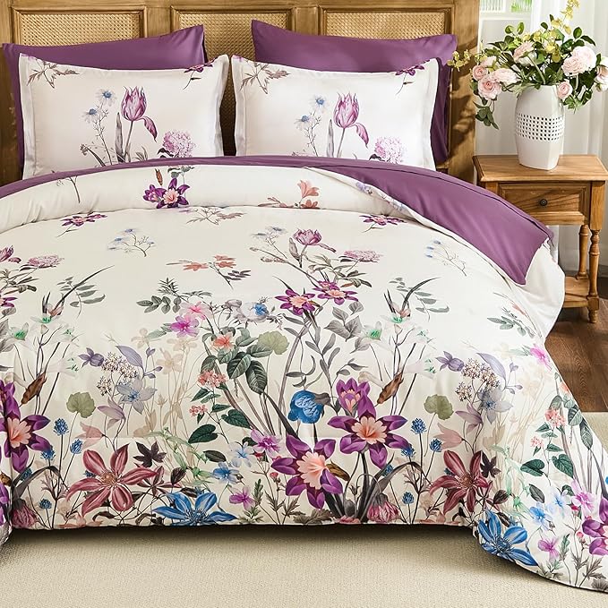 WONGS BEDDING King Comforter Set 7 Piece, Purple Floral Bed in a Bag Bedding Set with Botanical Flowers Patterns, Soft Lightweight Complete Comforters with Sheets for All Season