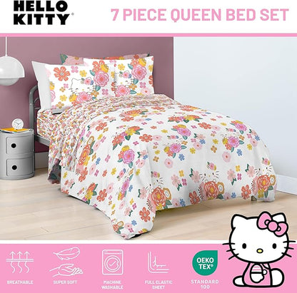 Jay Franco Hello Kitty Queen Size Comforter Set - 7 Piece Bedding Includes Sheet Set & Pillow Covers - Super Soft Floral Bedding