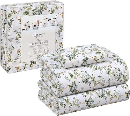 RUVANTI 100% Cotton Sheets – Twin Size Percale Bedding, Cooling & Breathable Floral Design, Durable with a Crisp, Soft & Comfortable Feel, 16" Deep Pocket, 3-Piece Set, Heritage