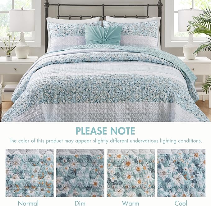 Madison Park Queen Quilt Set, Seersucker Floral Coverlet, All Season Lightweight Microfiber Bedding Quilt Set, Vermicelli Quilting Design, Throw Pillow, Caralie, Full/Queen Aqua 4 Piece