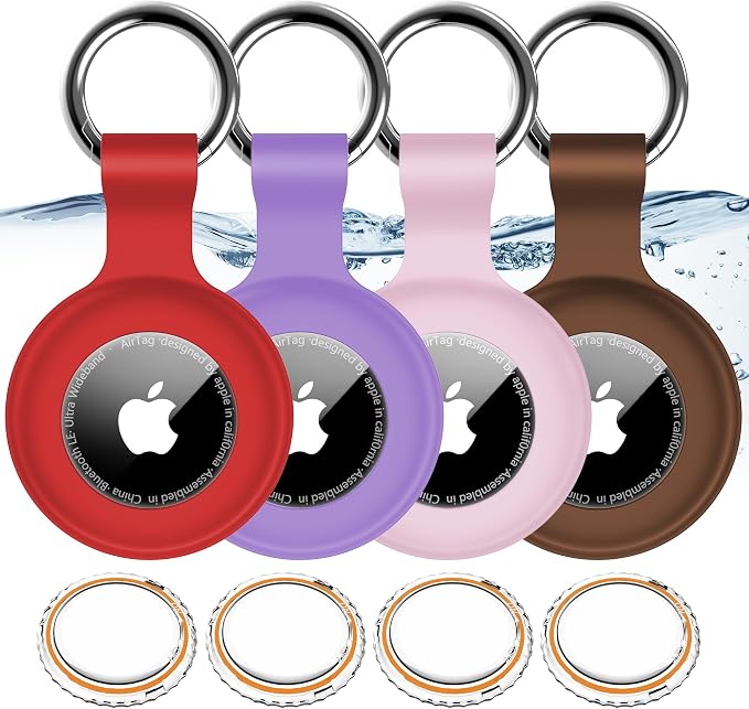 1|2|4Pack for Apple AirTag Holder with Keychain for Air Tag 2nd/1st Gen | Waterproof Air Tag Cover GPS Tracker Anti-Scratch Silicone Air-Tag Case for Pets,Kids,Luggages-Red+Pink+Purple+Brown