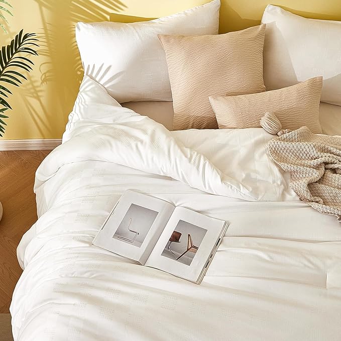 Plaid Queen Comforter Set White - Waffle Checkered Soft Shabby Chic Bedding, All-Season Lightweight Breathable with 2 Pillowcases