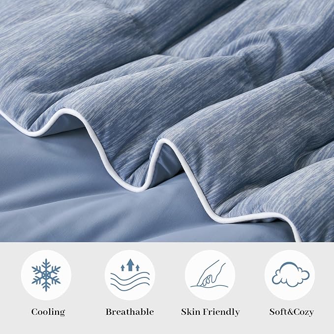 Amélie Home Cooling Comforter King Size, Dual-Sided Lightweight Cooling Blanket for Hot Sleepers, Q-Max 0.43 Breathable Cooling Quilt for Night Sweats, 106" x 90", Heather Denim Blue