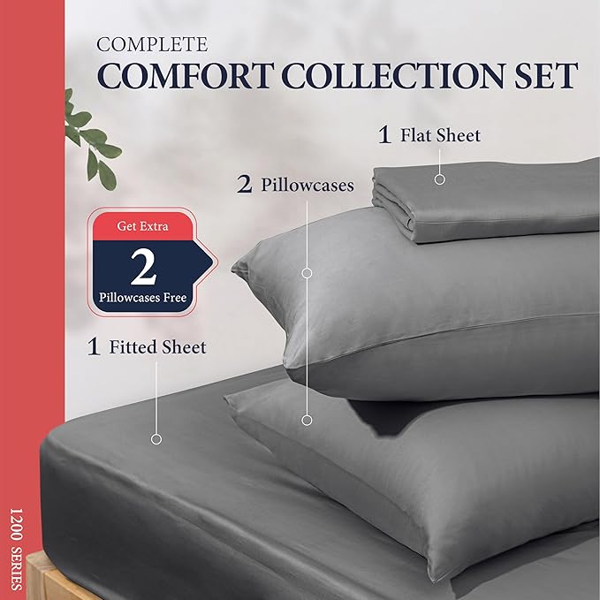 Ashton Sheets 100% Egyptian Cotton Sheets Queen Size - 1200 Thread Count Queen Size Sheets Set Egyptian Cotton, 4 PC Luxury Bedsheet (Dark Grey), Soft, Cooling, 17" Deep Pocket Sateen Bedsheet Set
