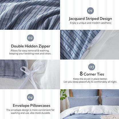 MILDLY Jacquard Stripe Duvet Cover - 100% Washed Cotton Blue Boho Textured Comforter Cover Set with Zipper Closure 104"x90"