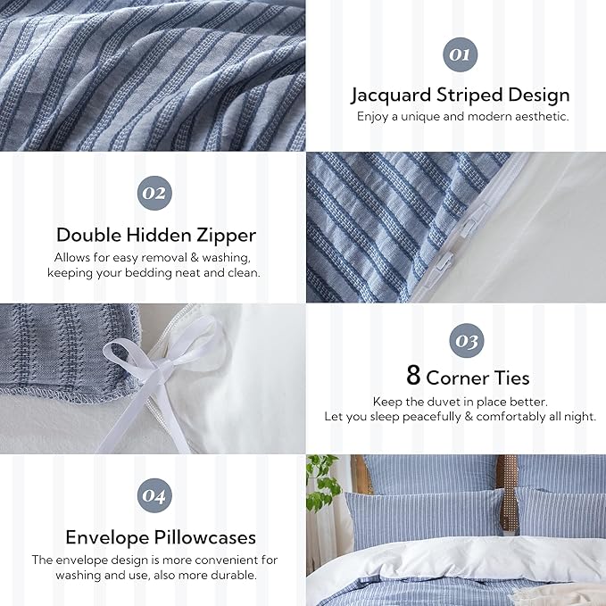 MILDLY Jacquard Stripe Duvet Cover - 100% Washed Cotton Blue Boho Textured Comforter Cover Set with Zipper Closure 80"x90"