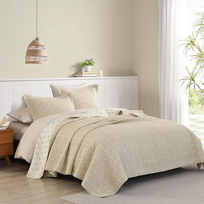 SahSahCasa Quilt Set Queen Size, 100% Cotton Quilt Bedding Set Bedspread, Botanical Pattern Solid Color Chic Lightweight Quilted Comforter for Queen Bed, White/Oatmeal, All Season, 3 Pieces