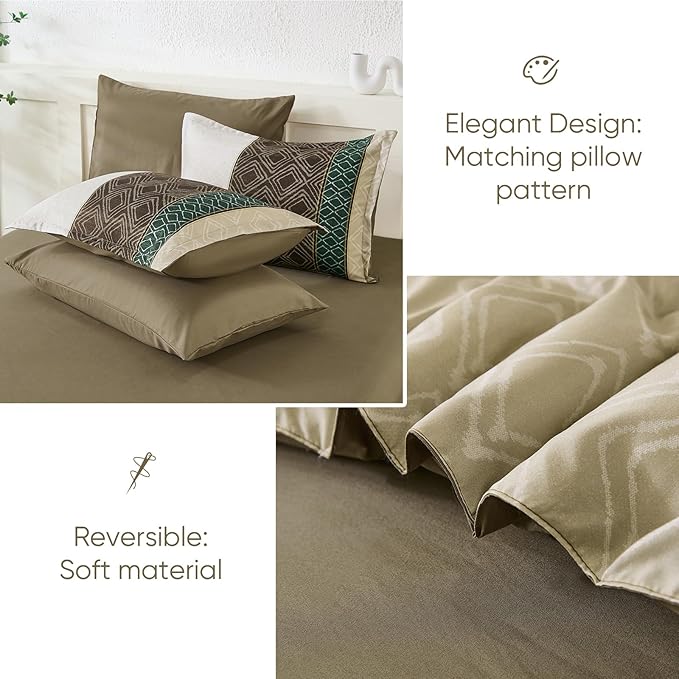 Dinjoy Khaki Brown King Size Comforter Set,Striped Bed in a Bag King Boho 7 Pieces Soft Microfiber Fall Bedding Comforters Sets Bed Lightweight Taupe Complete Set for All Season
