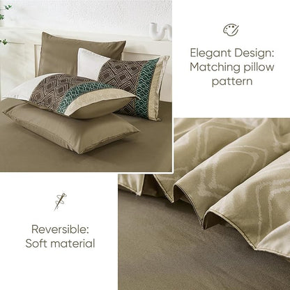Dinjoy Khaki Brown King Size Comforter Set,Striped Bed in a Bag King Boho 7 Pieces Soft Microfiber Fall Bedding Comforters Sets Bed Lightweight Taupe Complete Set for All Season