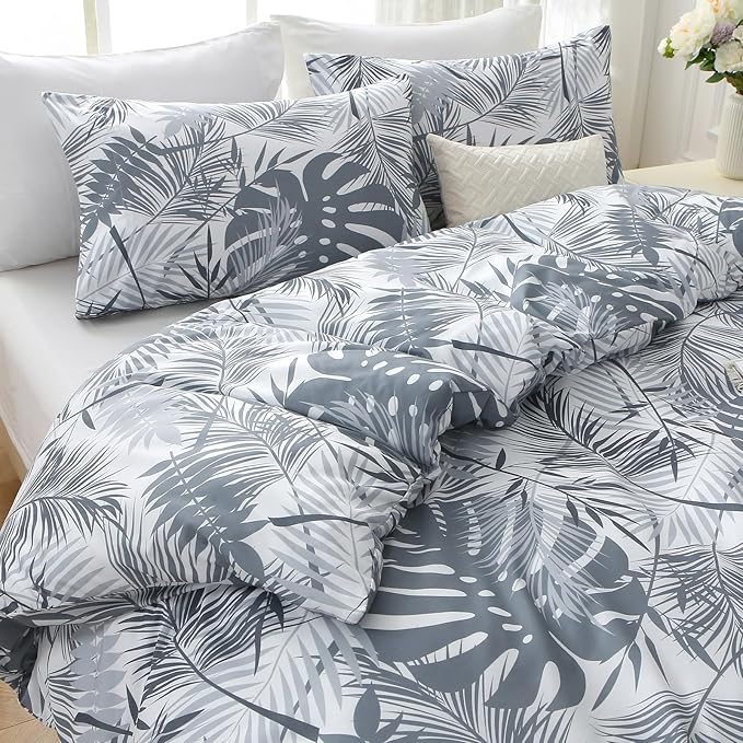 MUXHOMO Duvet Cover Queen Size, Reversible Floral Black & Grey Duvet Cover Set with Zipper Closure, 3 Pieces Botanical Patterns Soft Microfiber Bedding Set with 4 Ties (90"x90", 2 Pillow Cases) US