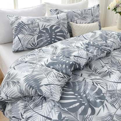 MUXHOMO Duvet Cover Queen Size, Reversible Floral Black & Grey Duvet Cover Set with Zipper Closure, 3 Pieces Botanical Patterns Soft Microfiber Bedding Set with 4 Ties (90"x90", 2 Pillow Cases) US