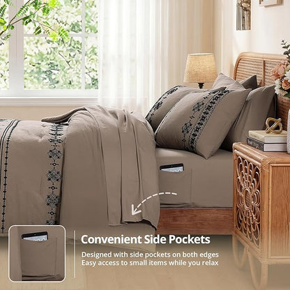 MaiRêve King Size Comforter Set Taupe Grey, Embroidery Floral Western Boho Bedding Set, All Season 7 Pieces Bed in a Bag with Sheets, Pillowcases & Shams