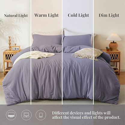 MILDLY Super Soft Duvet Cover - 100% Washed Microfiber Grayish Lavender Comforter Cover Set 3 Pieces with Zipper Closure & Corner Ties (No Comforter)