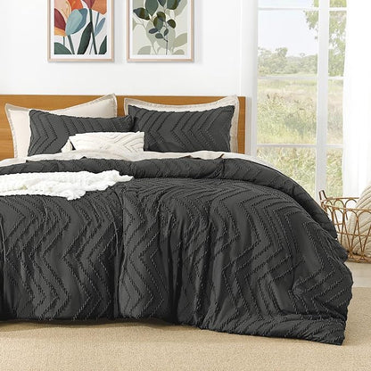 Litanika Comforter Super King Size Set Dark Grey, 3 Pieces Chevron Tufted Solid Bedding Comforter Sets, Fluffy Bed Set