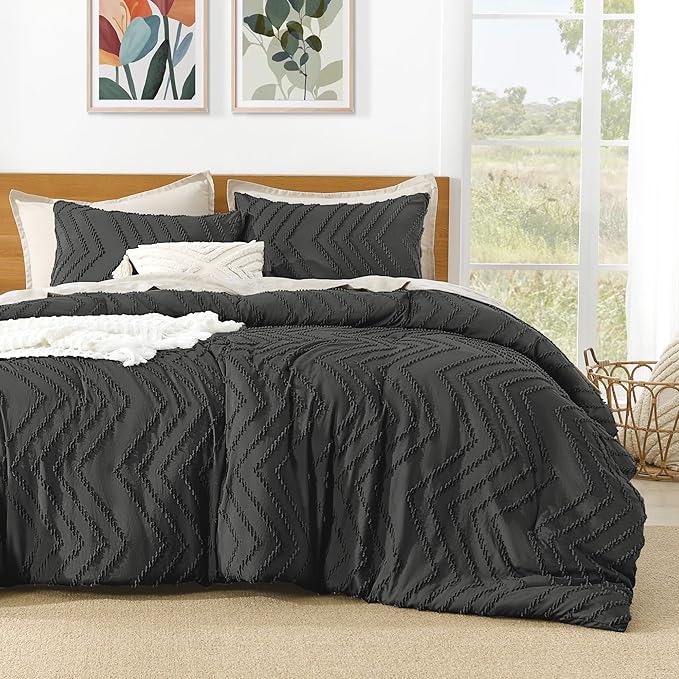 Litanika Comforter Super King Plus Size Set Dark Grey, 3 Pieces Chevron Tufted Solid Bedding Comforter Sets, Fluffy Bed Set