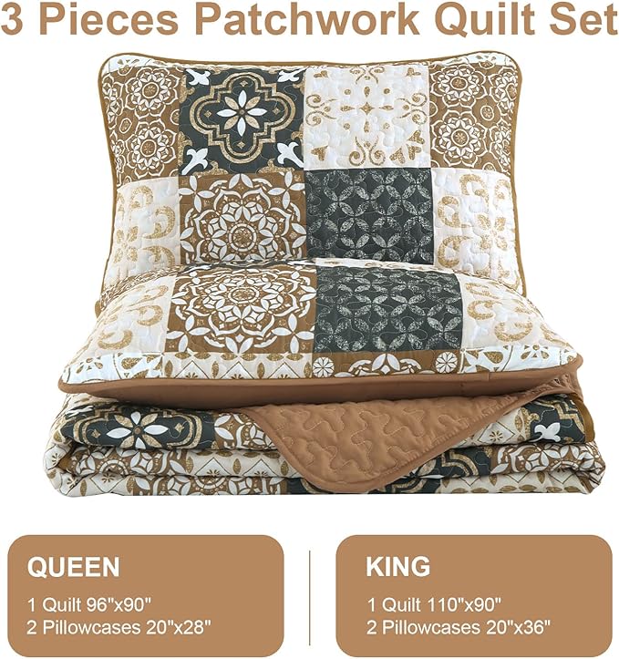 Dobuyly Brown Quilt Set Queen Size, Boho Plaid Patchwork Bedspreads Coverlet Set, 3 Pieces Soft Lightweight Microfiber Fall Quilt Bedding Set for All Seasons 96"x90"