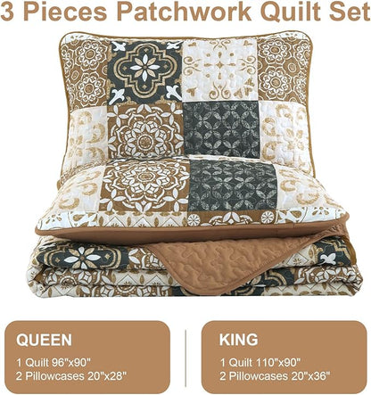 Dobuyly Brown Quilt Set Queen Size, Boho Plaid Patchwork Bedspreads Coverlet Set, 3 Pieces Soft Lightweight Microfiber Fall Quilt Bedding Set for All Seasons 96"x90"