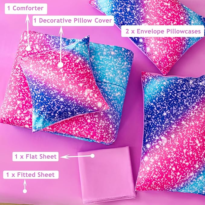 RYNGHIPY Rainbow Bed in A Bag Queen Size Girly Pink Purple Blue Gradient Galaxy Print Comforter Set with Sheets Pillowcases