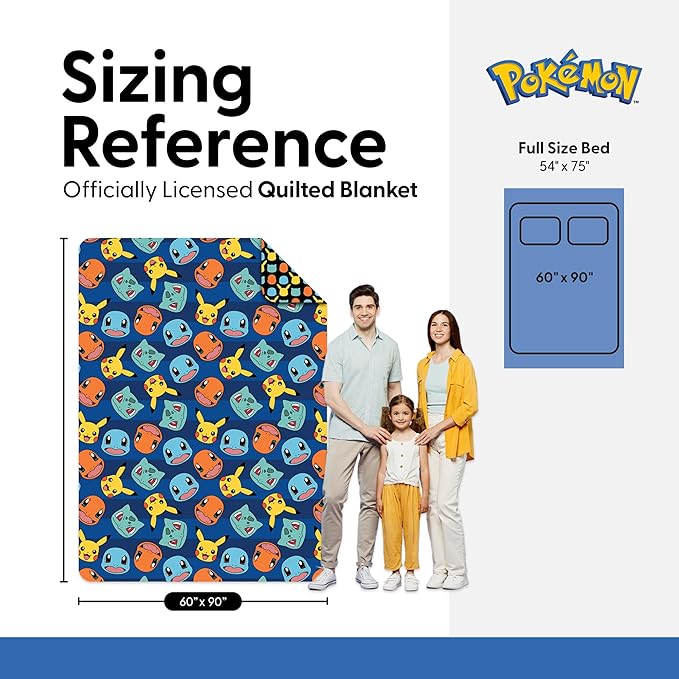 Northwest Pokemon Striped Favorites Twin Quilted Blanket, Cozy Fantasy Bedding for Gamers, Kids & Adults, Throw for Bedroom, Sofa, or Game Room Décor, 60 x 90 Inches
