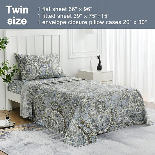 JSD Paisley Sheet Set Twin Size, 3 Piece Retro Pattern Microfiber Bedding Sheets Extra Deep Pocket