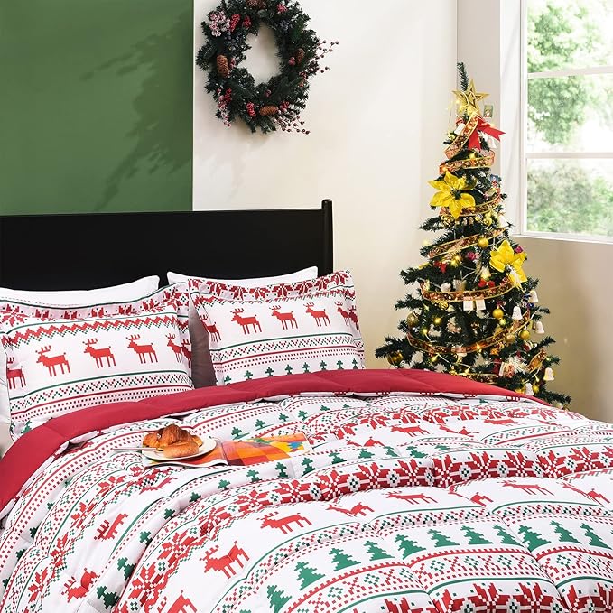 downluxe Christmas Comforter Set King with 2 Pillow Shams - Christmas Decoration King Comforter Set with Reindeer and Snowflake Patterns - King Size Comforter Set(3-Piece Set)