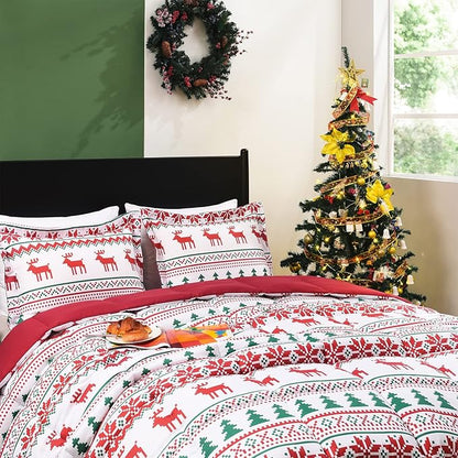 downluxe Christmas Comforter Set King with 2 Pillow Shams - Christmas Decoration King Comforter Set with Reindeer and Snowflake Patterns - King Size Comforter Set(3-Piece Set)